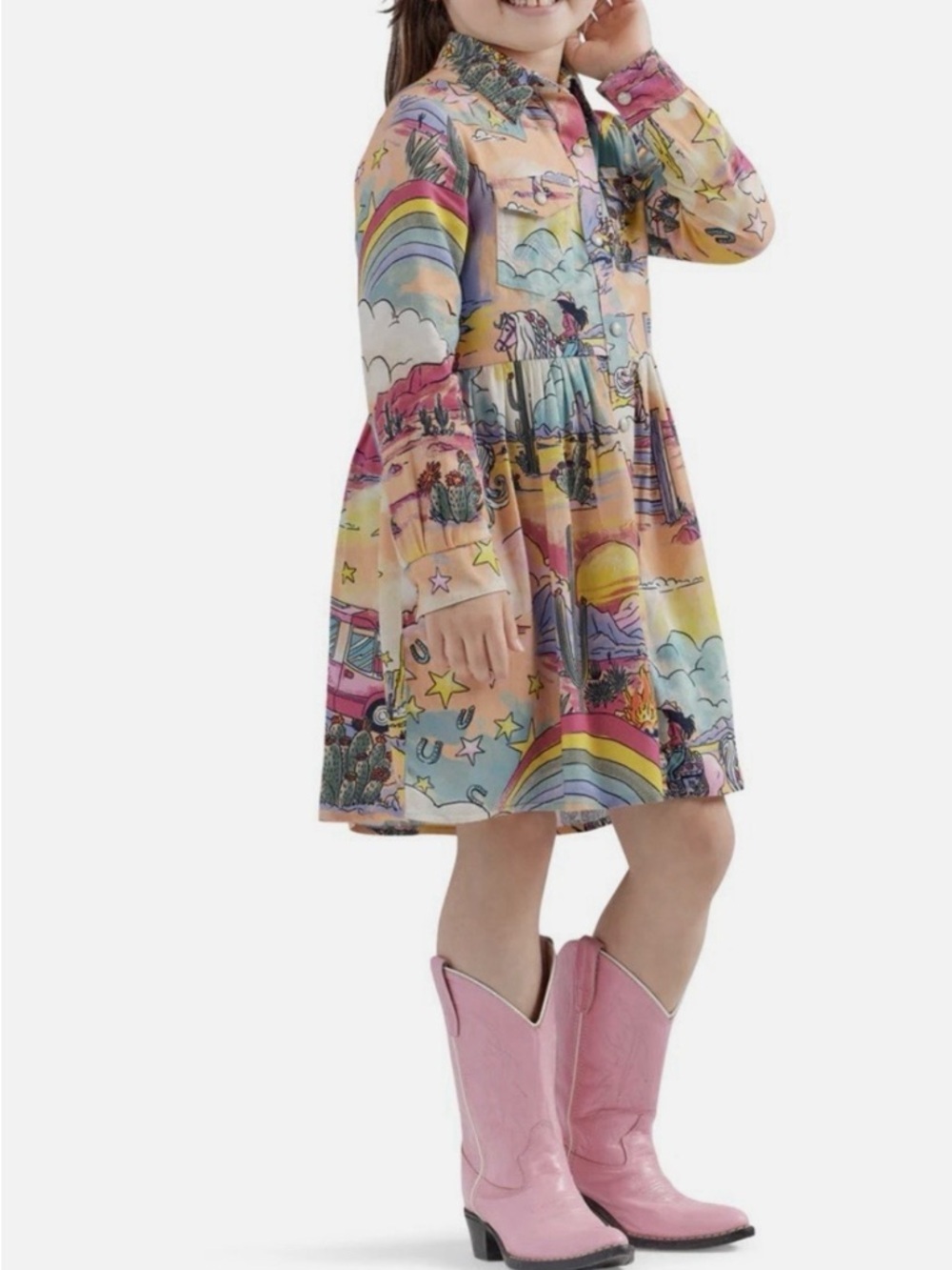 Wrangler X Barbie Girls Western Cowboy Rodeo Dress Pearl Snap Rainbow Sz XL New - Picture 2 of 12